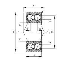 角接觸球軸承 3811-B-TVH, 雙列，接觸角 α = 25°