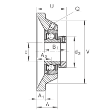軸承座單元 PCJ20-N-FA125, 帶四個(gè)螺栓孔的法蘭的軸承座單元，鑄鐵，偏心鎖圈，P型密封，耐腐蝕保護(hù)