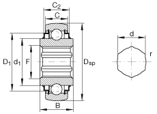 外球面球軸承 SK102-207-KRR-B-AH10, 球面外圈，內(nèi)圈帶六角形孔，兩側(cè) R 型密封